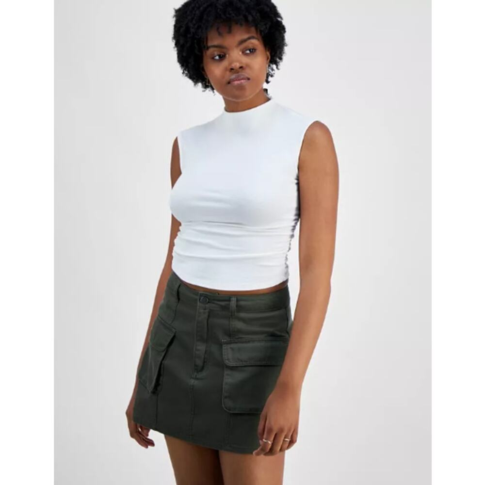 NEW Almost Famous Ruched High Neck Crop Top Large Cream White Funnel Neck Blouse